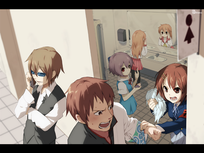 Anime crossover in a bathroom with characters from Haruhi, Evangelion, and K-ON!