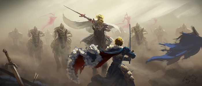 Saber and Mordred from Fate Series in battle
