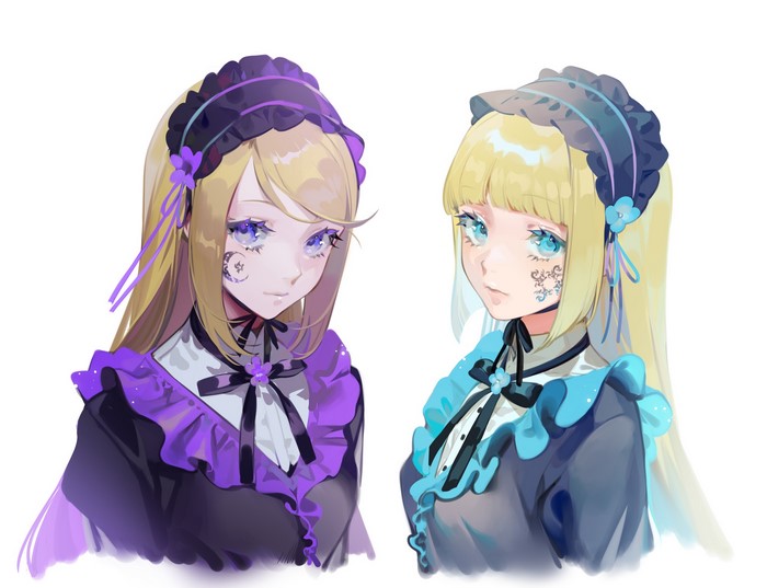 Two anime girls with blonde hair and elaborate dresses
