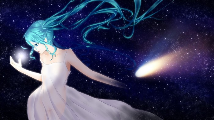 Hatsune Miku in space with a comet