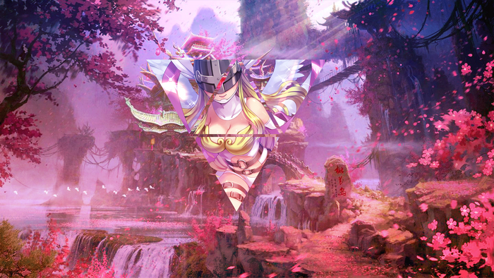 Angewomon from Digimon in a fantasy landscape