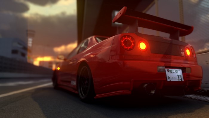 Red Nissan Skyline GT-R R34 in Japan at Sunset
