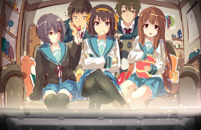 The Melancholy of Haruhi Suzumiya characters watching TV