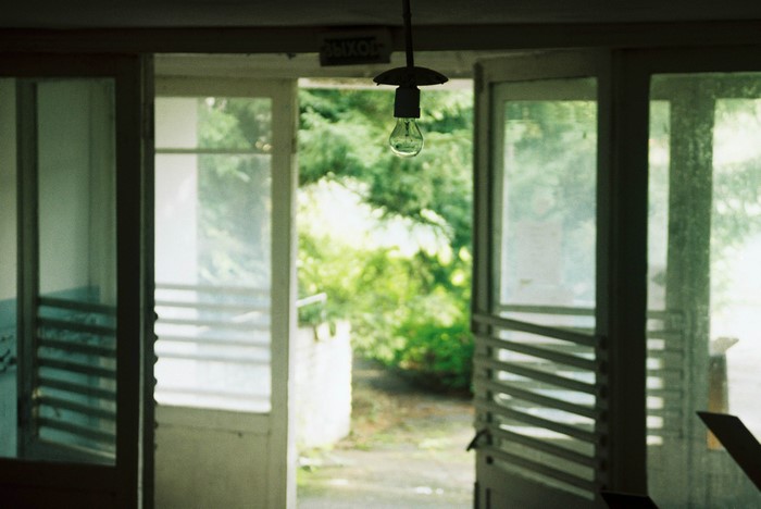 Open doorway with light bulb and trees