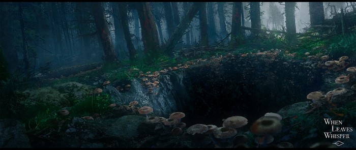 Fantasy art of a dark forest with mushrooms