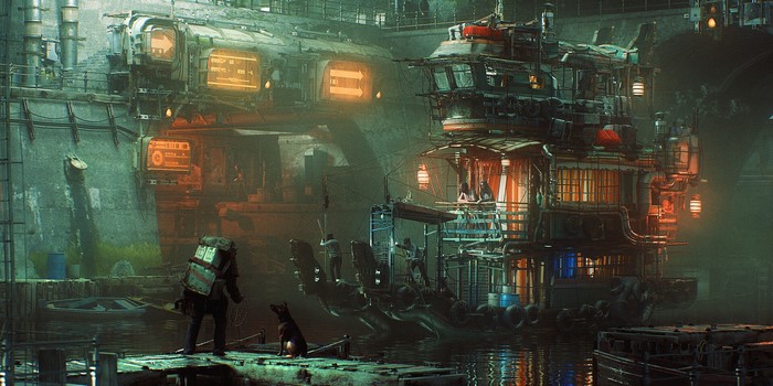 Science fiction artwork of a futuristic boat dock