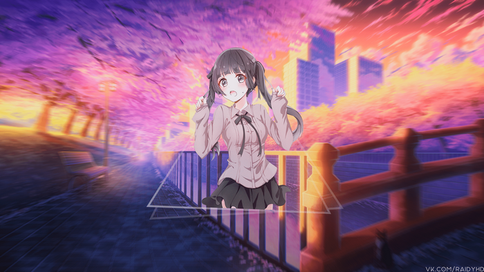 Anime girl in a city park with cherry blossoms