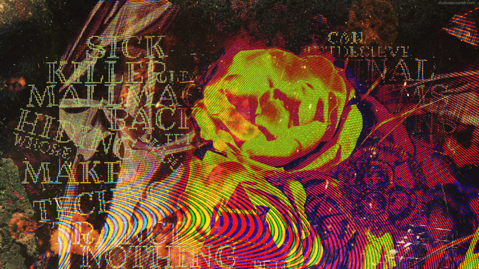 Glitch art with text and flowers