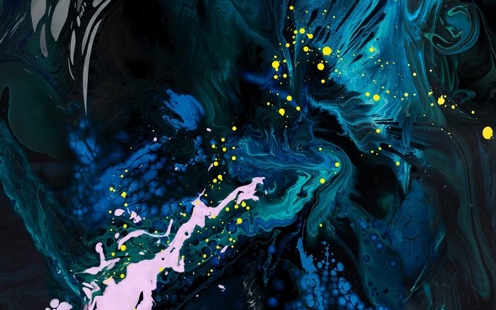 Abstract blue and green shapes with yellow and pink splashes