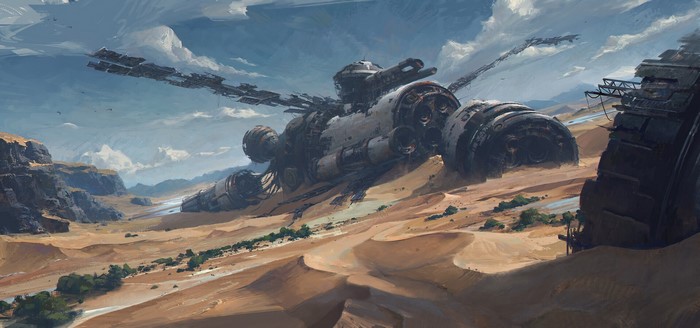 Wrecked spaceship in a desert landscape