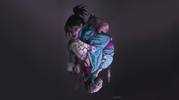 Anime girl with cat and dolls, artwork by Zeen Chin