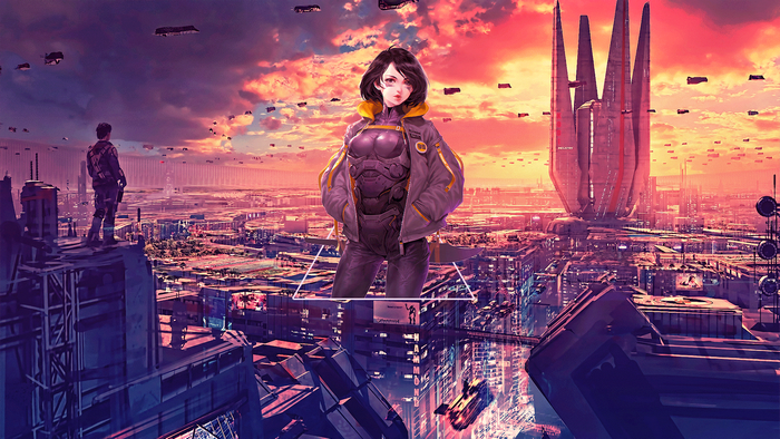 Alita from Alita: Battle Angel in a futuristic city