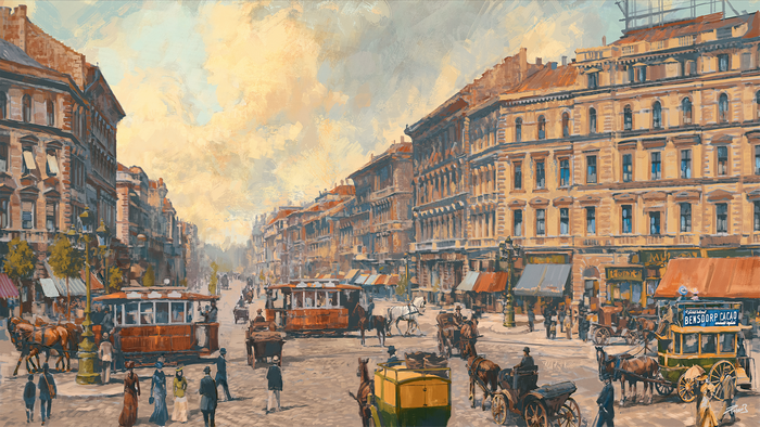 4K Painting of Budapest Street Scene with Trams and People