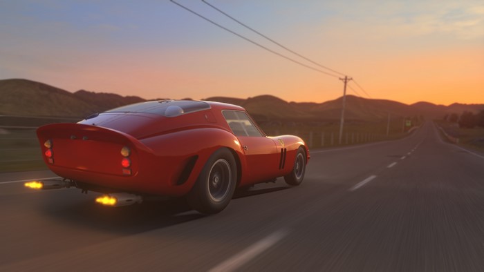 4K Vintage Ferrari car driving on road at sunset