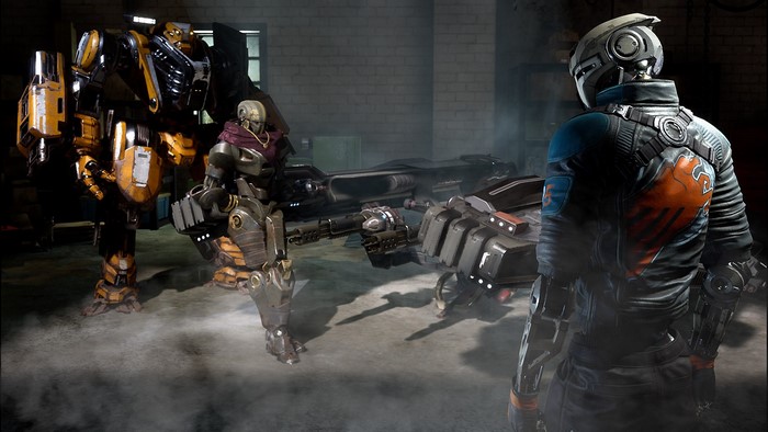 Robots and a futuristic vehicle in a warehouse