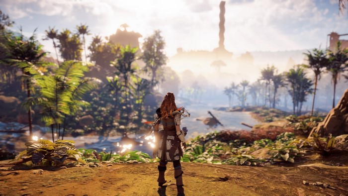 Aloy from Horizon Zero Dawn in a tropical landscape