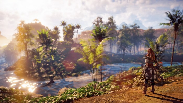 Aloy from Horizon Zero Dawn in a tropical landscape