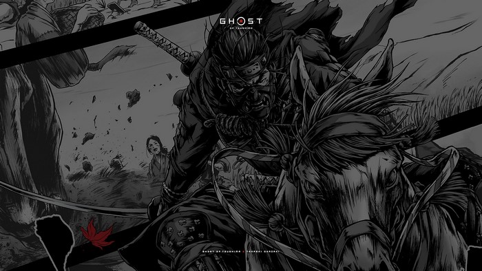Jin Sakai on horseback in Ghost of Tsushima art