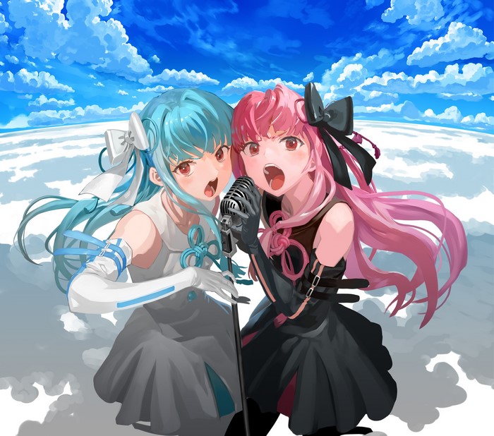 Kotonoha Akane and Aoi singing into a microphone