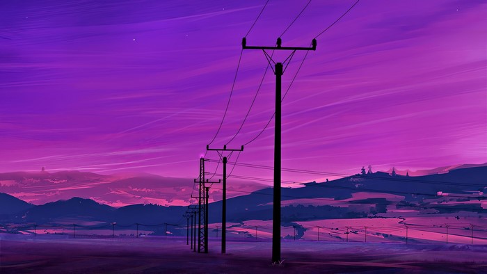 Purple sky with power lines and mountains