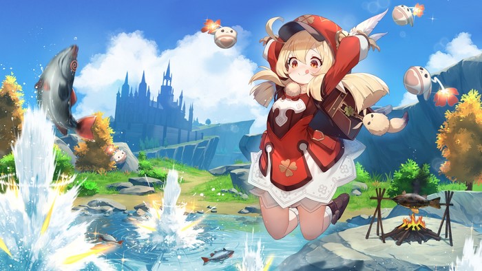 Klee from Genshin Impact fishing and cooking