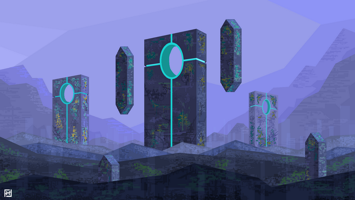 Digital artwork of floating monoliths in a mountainous landscape