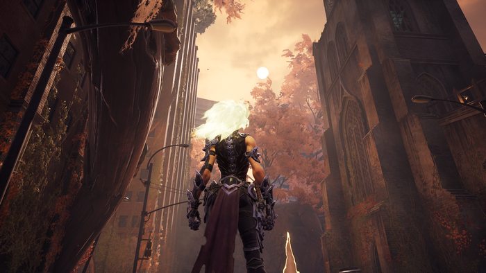 Fury from Darksiders 3 in a ruined city