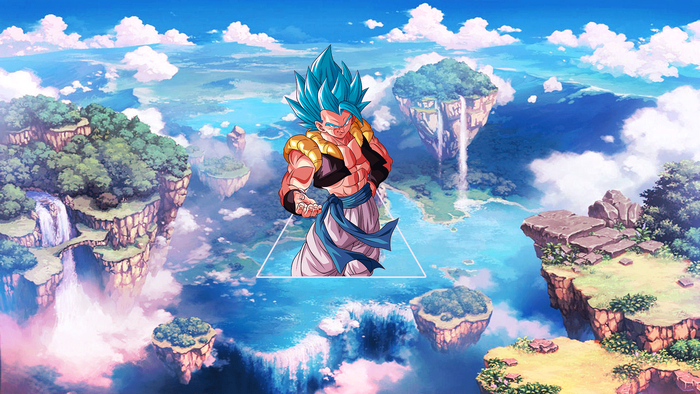 Gogeta from Dragon Ball Super in a fantasy landscape