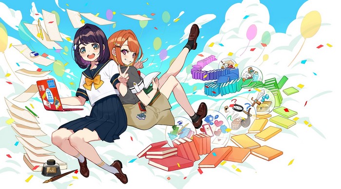 Two anime girls in school uniforms with books and school supplies