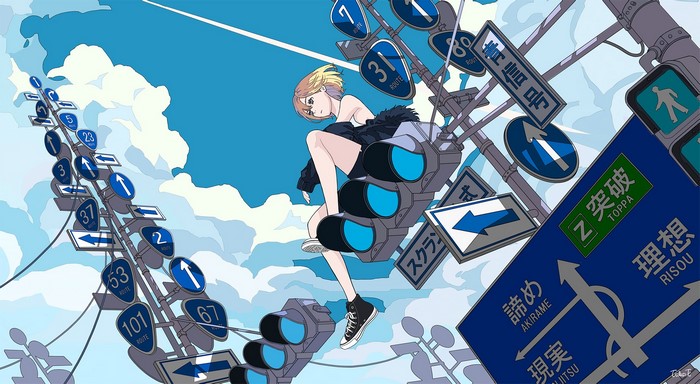 Anime girl with blonde hair sitting on traffic lights with road signs