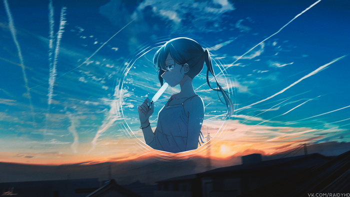 Anime girl with popsicle against sunset sky