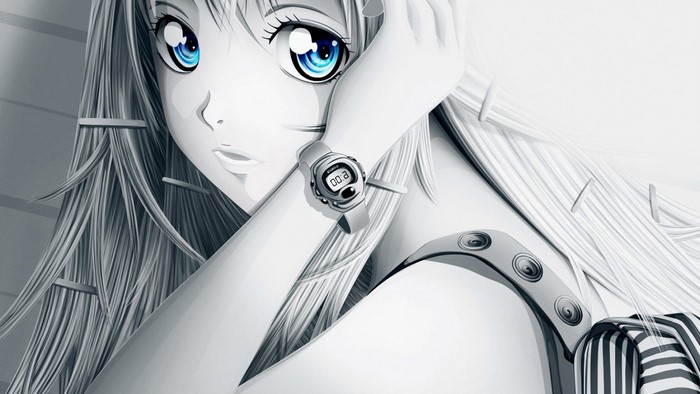 Anime girl with blue eyes and white hair wearing a wristwatch