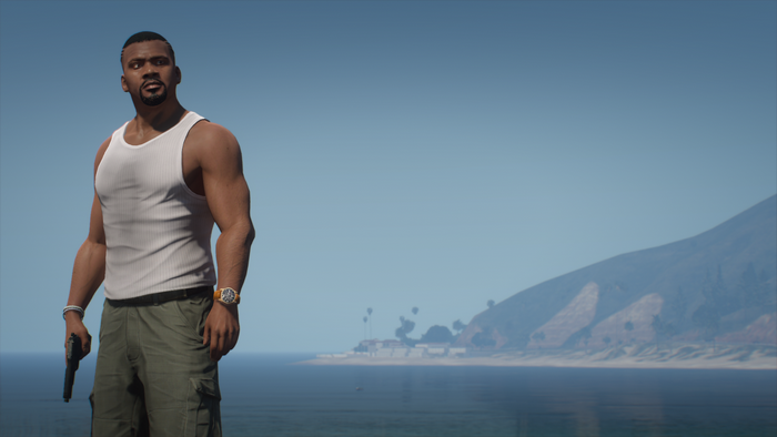 Franklin Clinton from Grand Theft Auto V on a coast