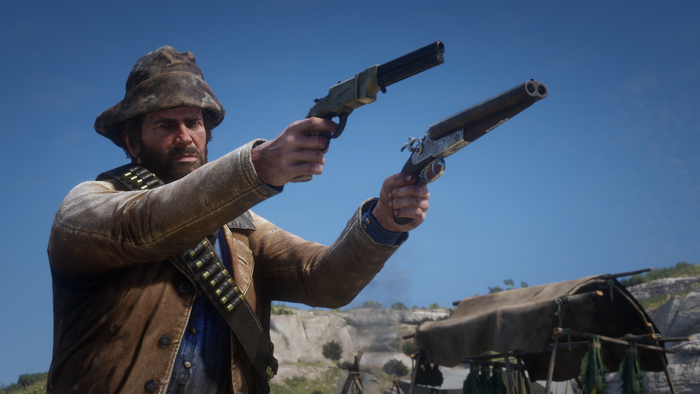 Arthur Morgan from Red Dead Redemption 2 holding two guns