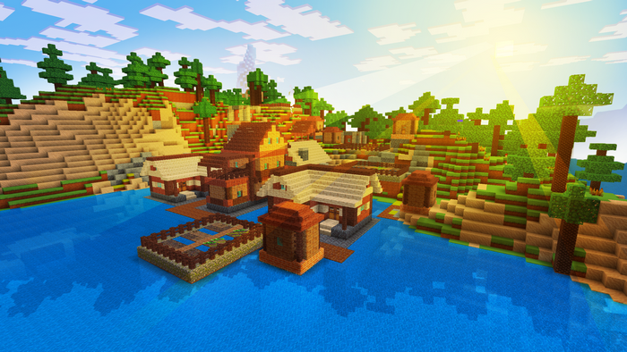 Minecraft village by the water with trees and hills