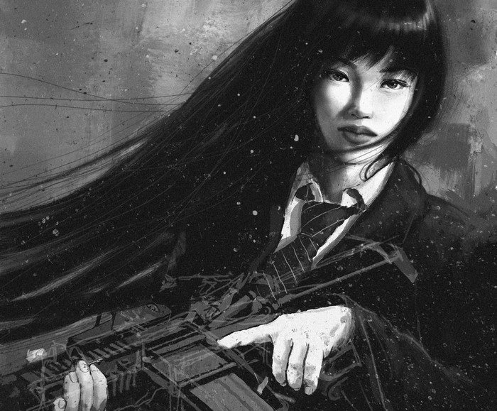 Woman in suit holding a machine gun