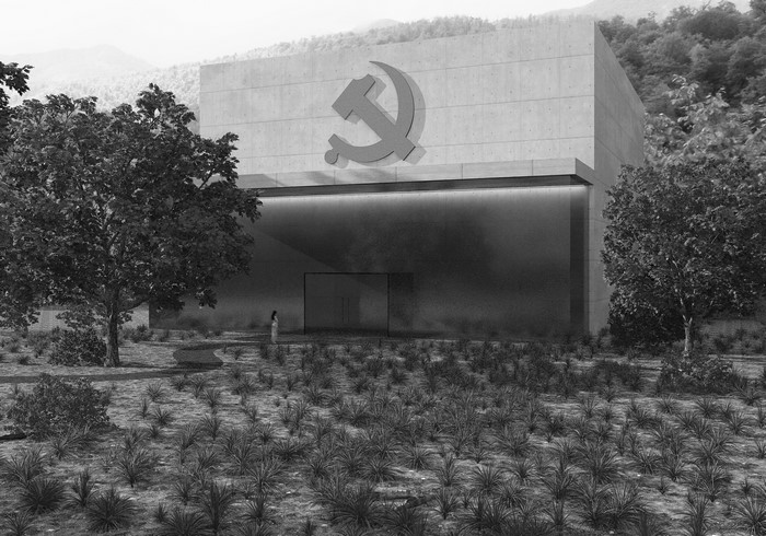 Concrete building with hammer and sickle symbol