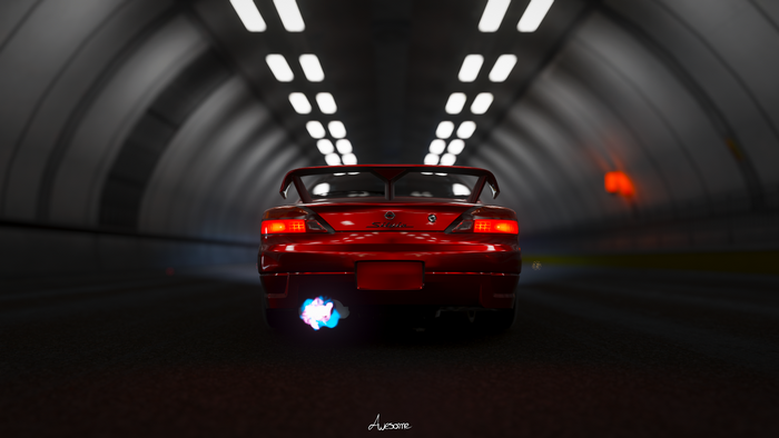 Red Nissan Silvia Spec-R with blue flames in tunnel