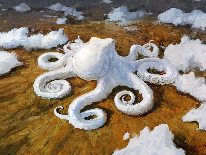 Artwork of a white octopus on a textured surface