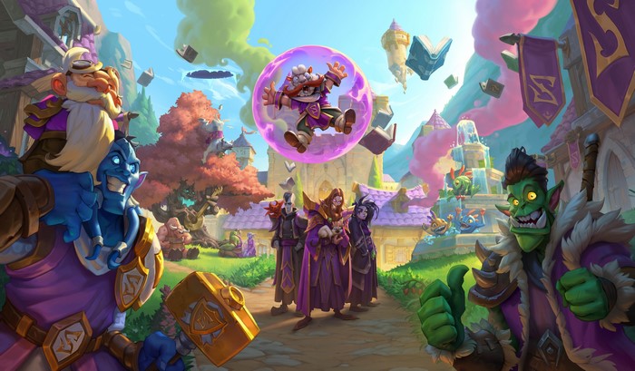 Hearthstone: Whizbang's Workshop characters in a town