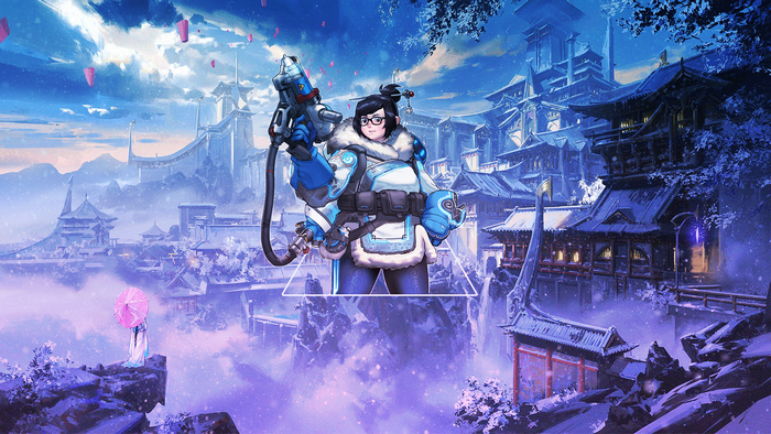Mei from Overwatch in a snowy Asian-inspired city