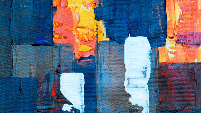 Abstract painting with blue, orange, and white textures
