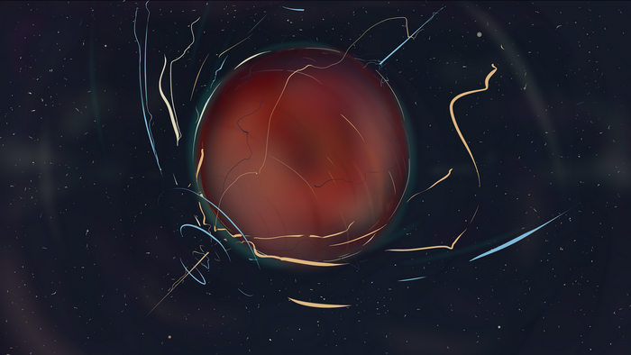 Digital art of a red planet in space with light streaks