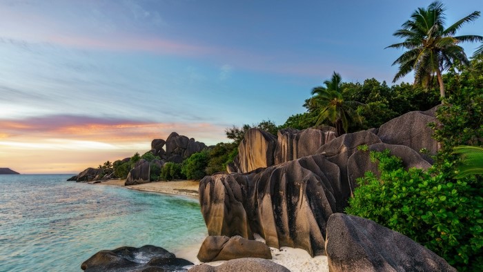 Anse Source d'Argent beach in Seychelles at sunset