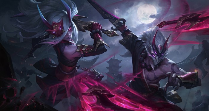 Katarina and Master Yi from League of Legends in battle