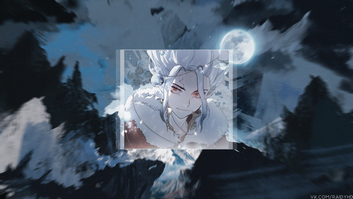Senkuu Ishigami from Dr. Stone with Moon and Mountains