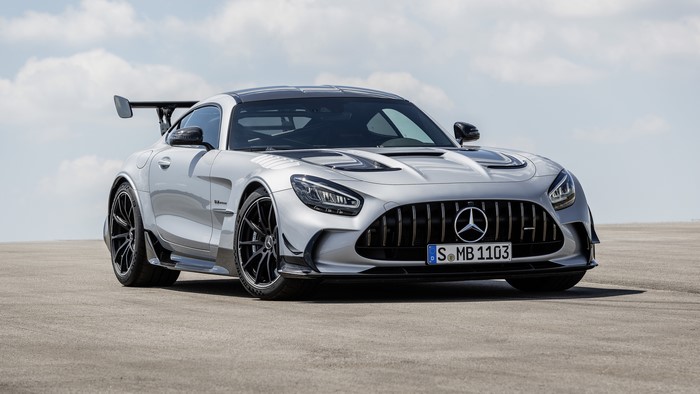 Silver Mercedes-AMG GT R Pro with large rear wing