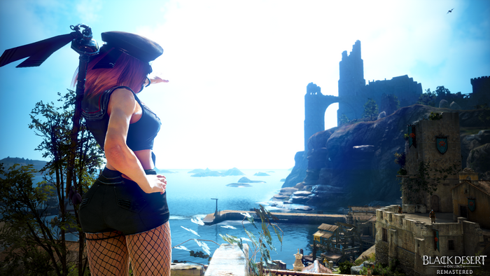 Woman in Black Desert Online overlooking a harbor