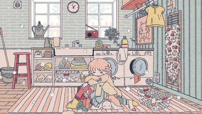 Girl sleeping in a laundry room with clothes