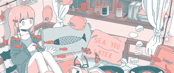 Anime girl with fish in a bedroom